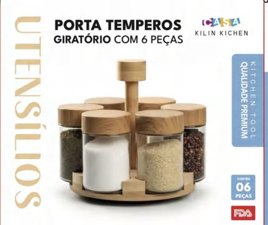Porta-Temperos Giratório 6 Peças com Base de Madeira