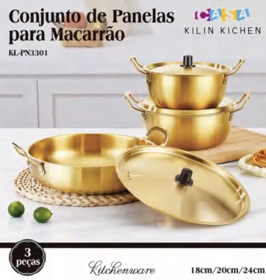 Conjunto de Panelas Douradas para Macarrão 3 Peças
