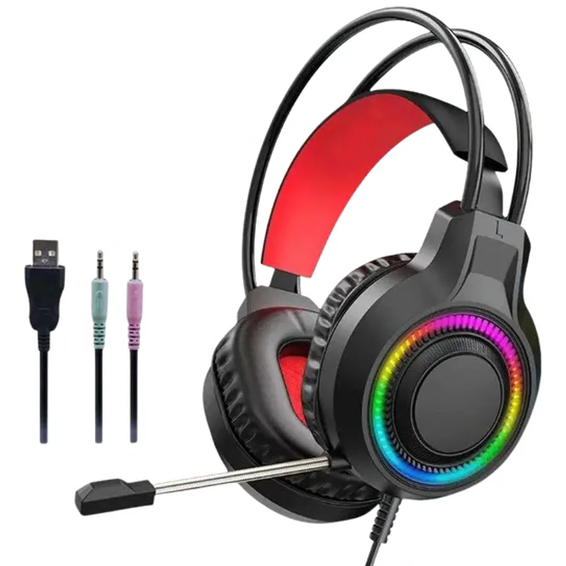 Headphone Gamer com Fio Arco Duplo e Anel LED RGB