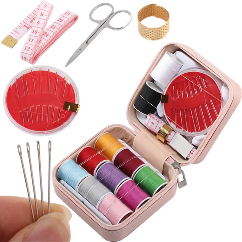 Kit de Costura Portátil com Estojo, Linhas, Agulhas e Tesoura