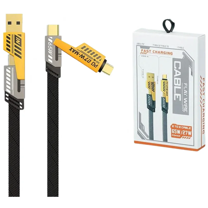 Cabo de Recarga 4 em 1 Trançado 65W com USB-A, Type-C e Lightning
