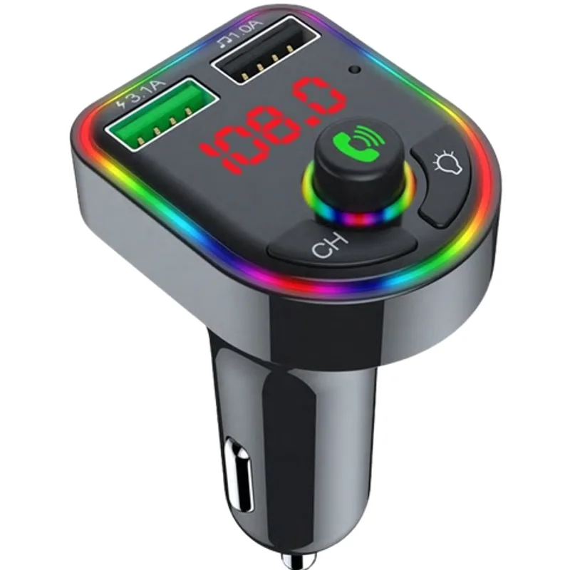 Transmissor FM Bluetooth para Carro com Visor LED e Luz Ambiente