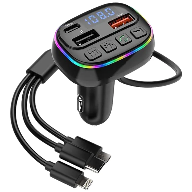 Transmissor FM Bluetooth para Carro com Cabos 3 em 1 e LED RGB