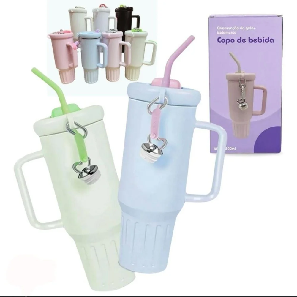 Copo Térmico 1200 ml com Alça e Canudo Colorido