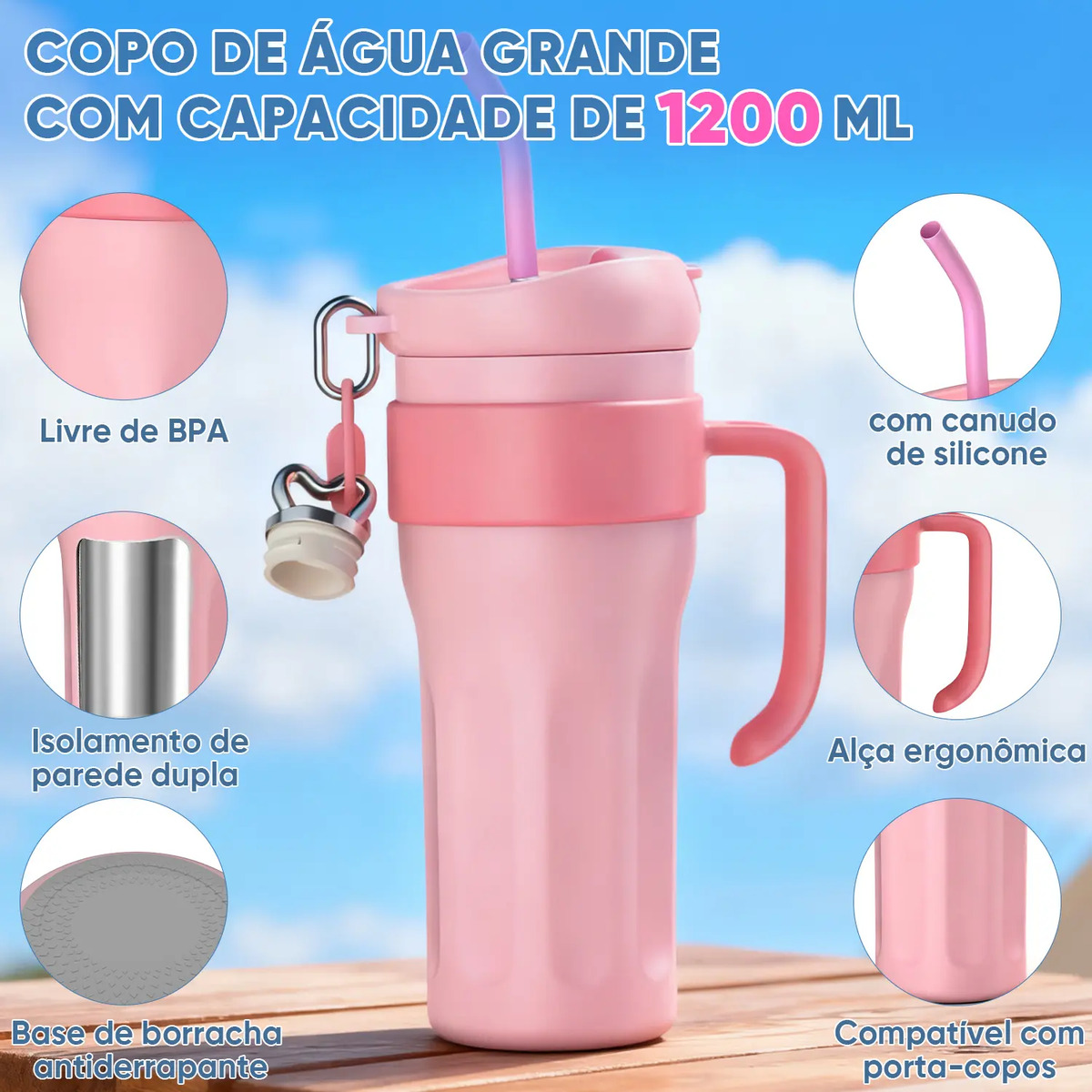Copo Térmico Inox 1,2l Com Alça,tampa,canudo,quente Frio