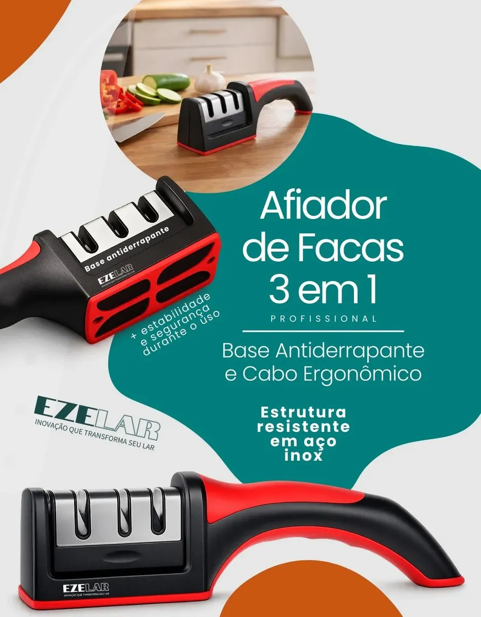 Afiador Profissional Ezelar 3 em 1 para Facas e Tesouras