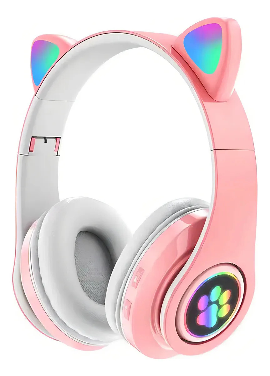 Fone De Ouvido Gatinho Bluetooth Infantil Led Mestri Menino Menina Cor Rosa