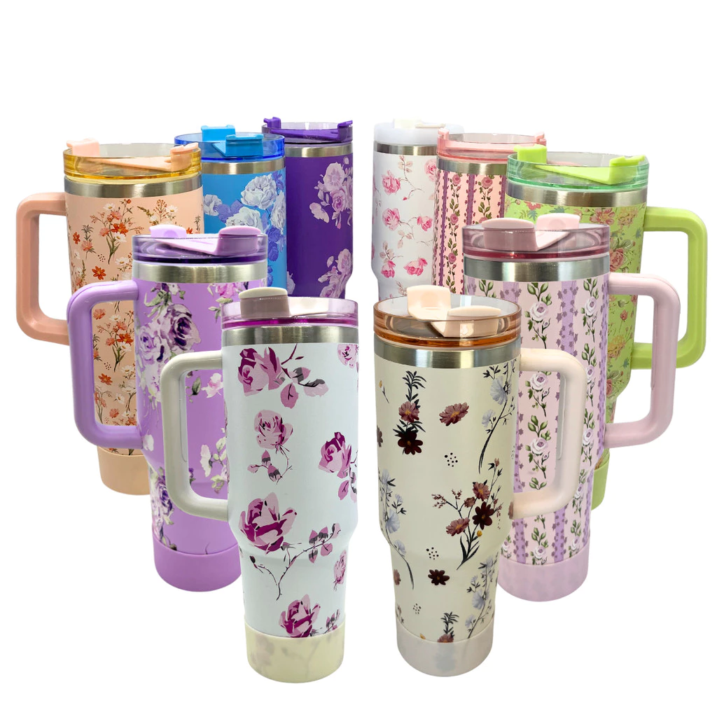 Copo Térmico Floral 1,2ml Aço Inox com Alça Mantém Bebidas Quentes e Frias, com Canudo