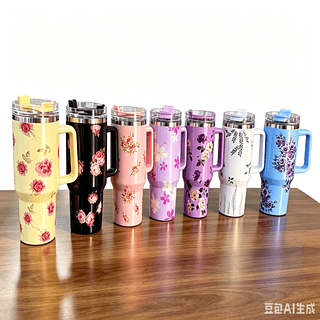 Copo Térmico Floral 1,2ml Aço Inox com Alça Mantém Bebidas Quentes e Frias, com Canudo
