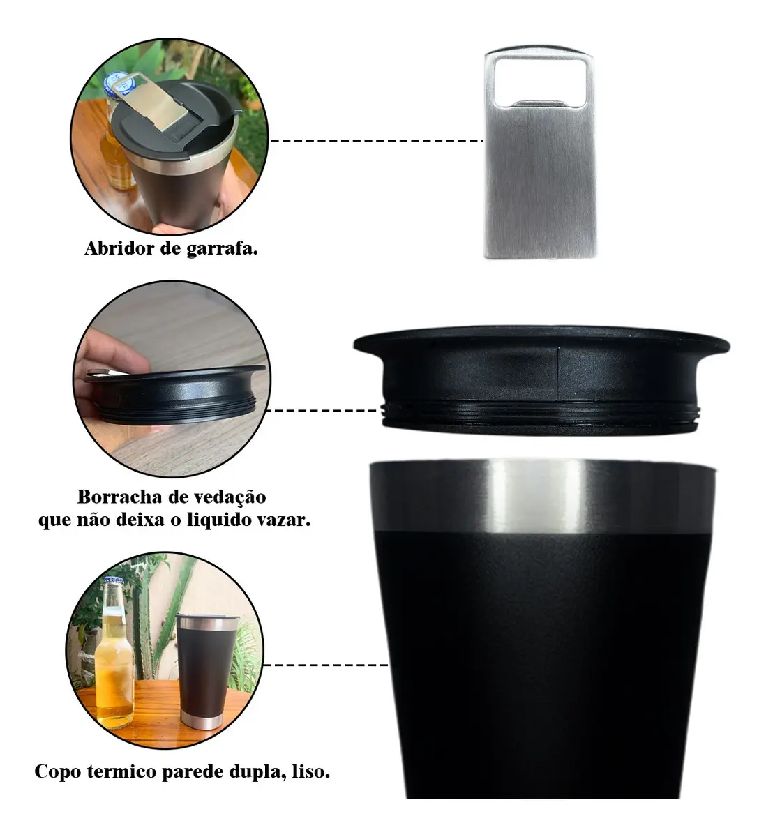 Copo Termico Cerveja 475 ml Café Inox Com Tampa Abridor De Garrafa