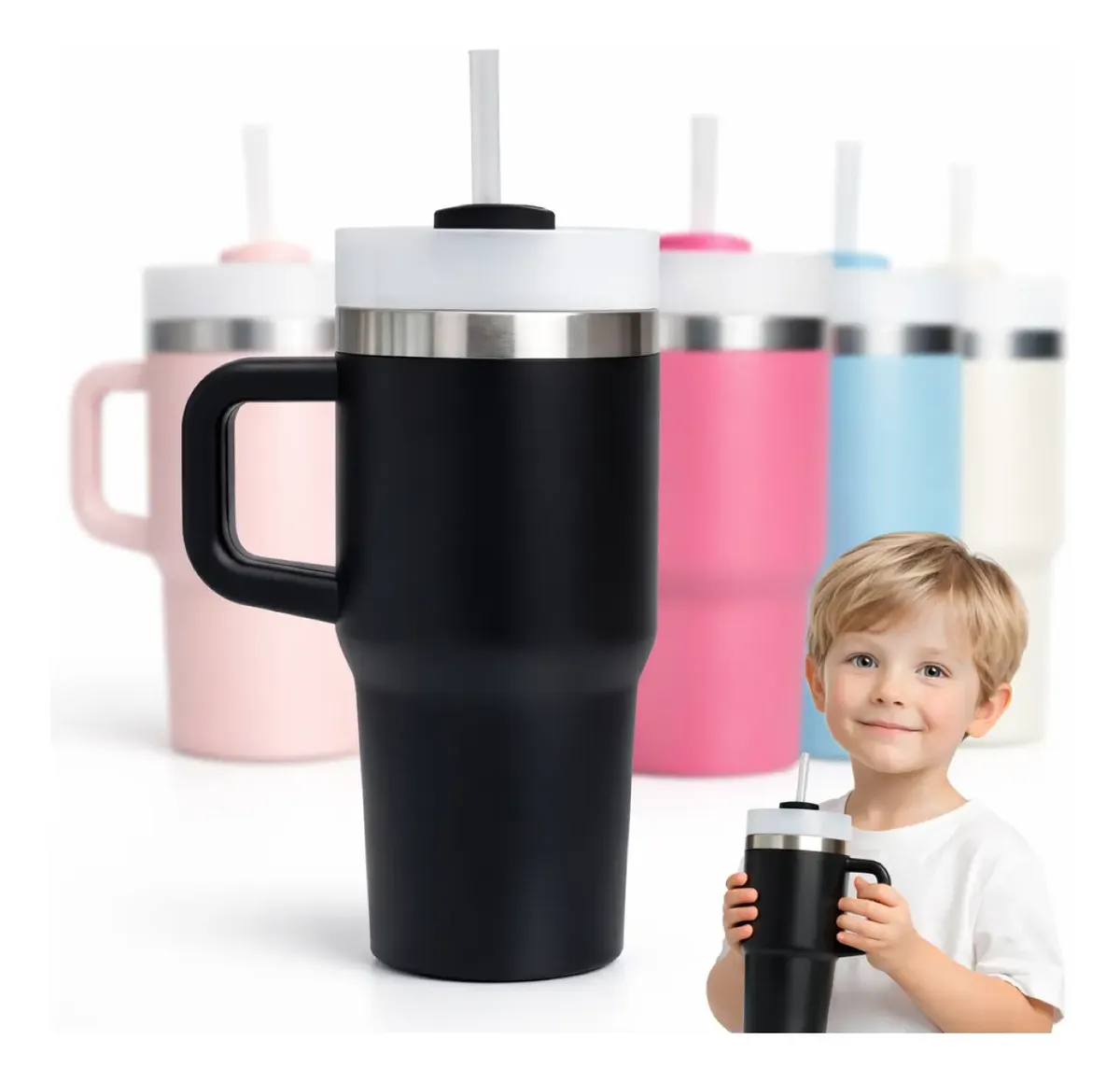 Mini Copo Térmico 500 ML Pequeno Com Canudo Alça Tampa Isola