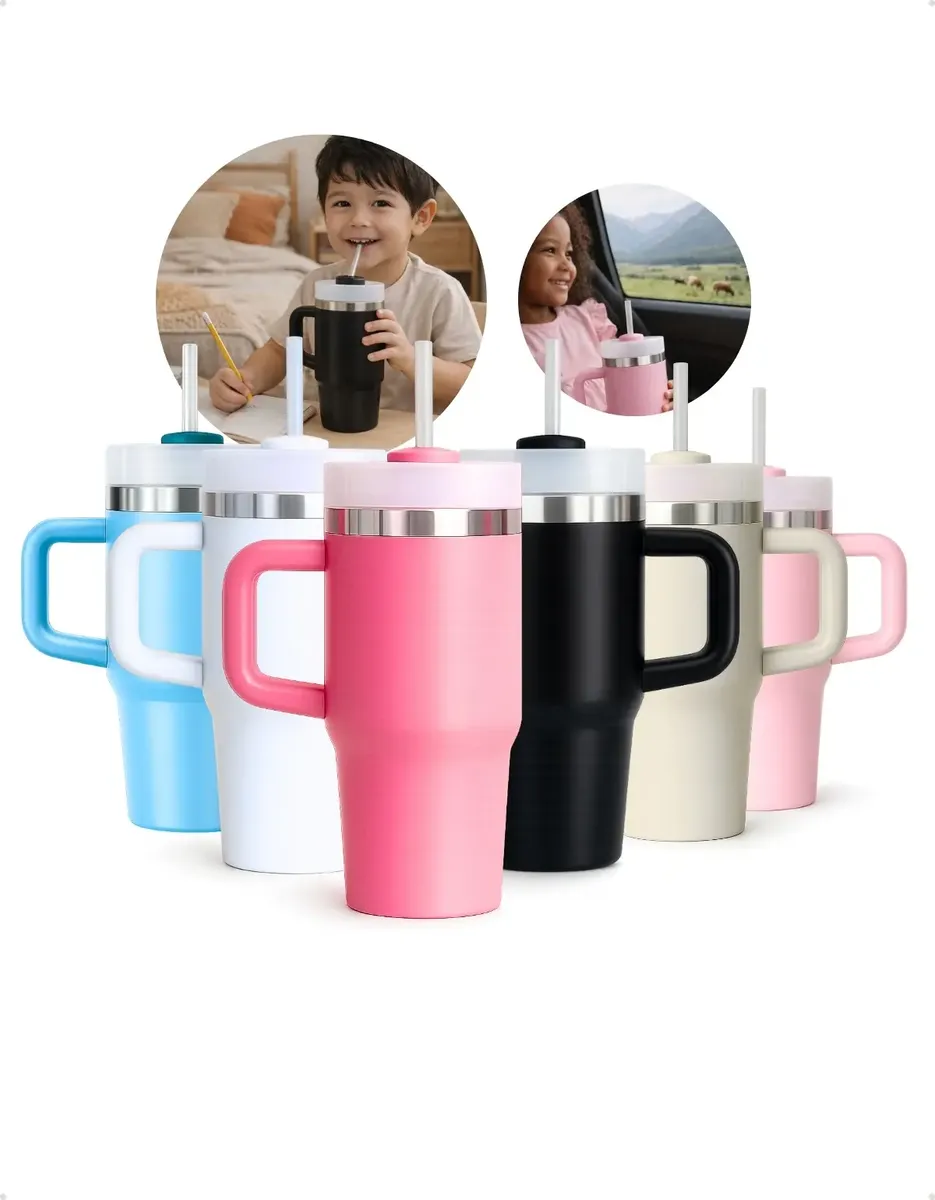 Mini Copo Térmico 500 ML Pequeno Com Canudo Alça Tampa Isola