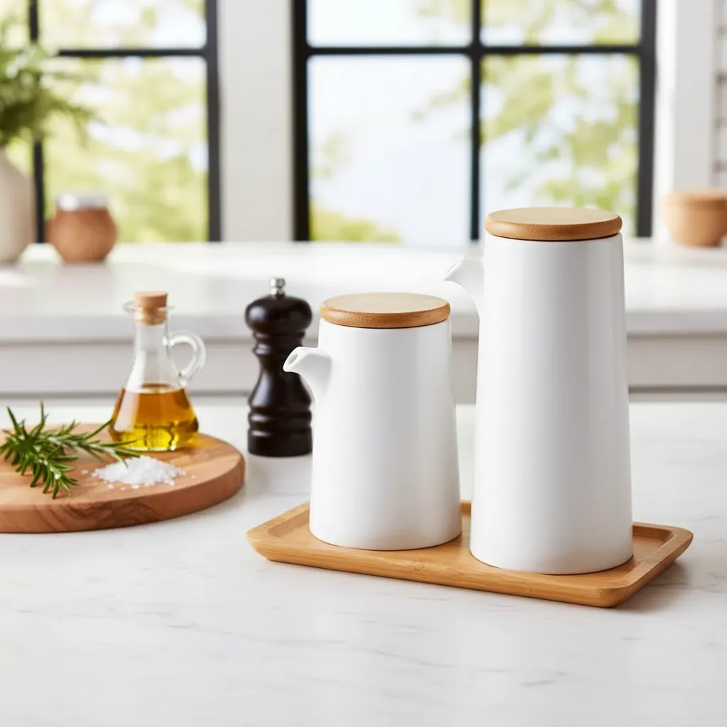 Kit 2 Potes De Porcelana Para Azeite E Vinagre Base Bambu