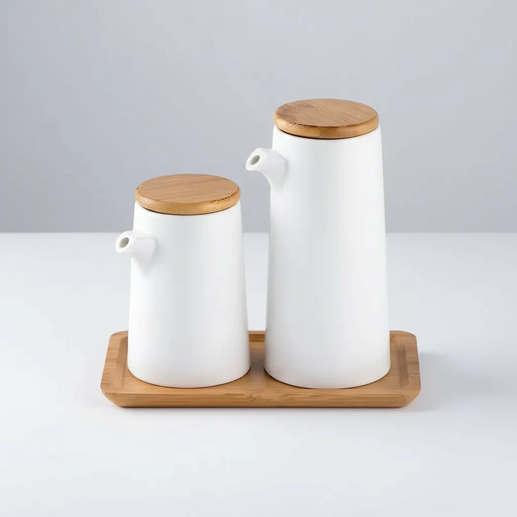 Kit 2 Potes De Porcelana Para Azeite E Vinagre Base Bambu