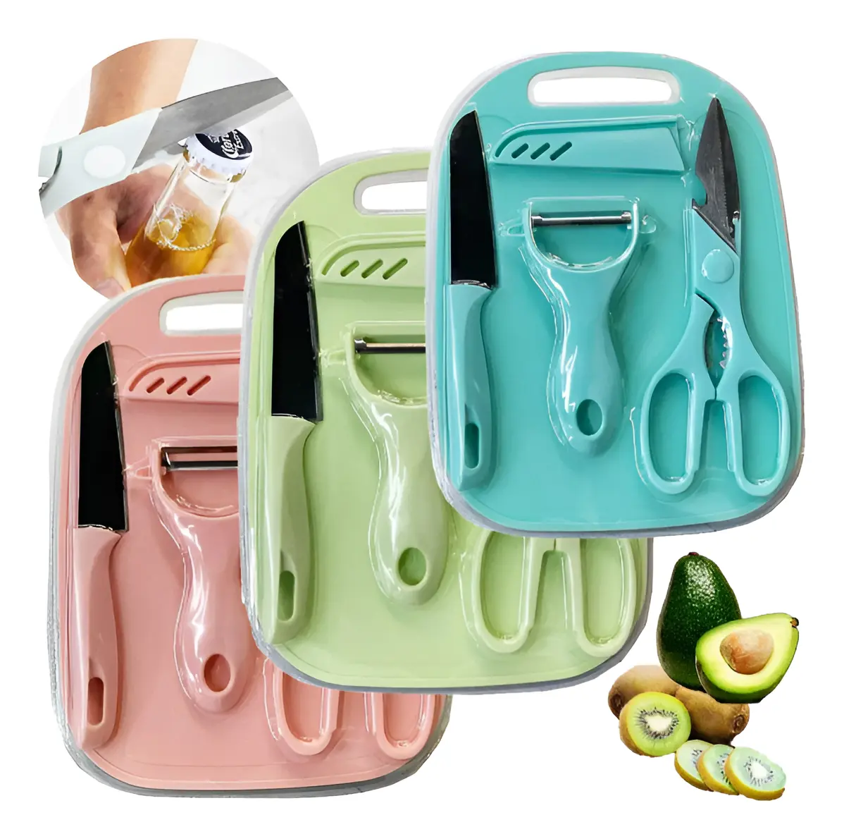 Kit Utensilios Faca De Cozinha Descascador Tábua Tesoura