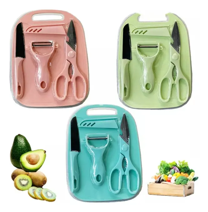 Kit Utensilios Faca De Cozinha Descascador Tábua Tesoura