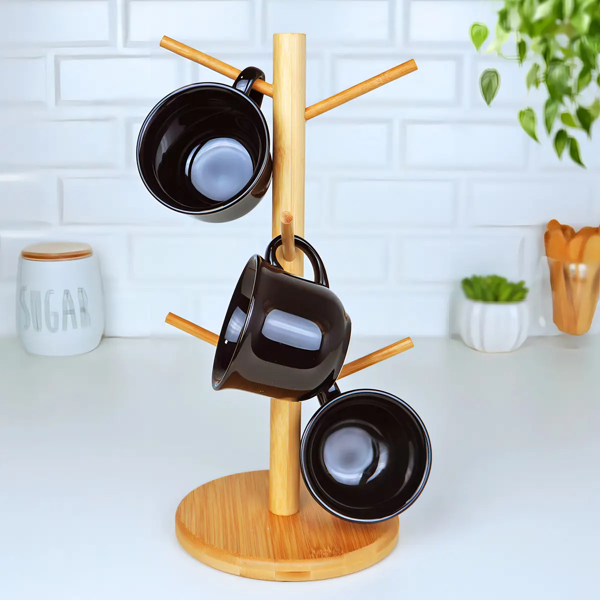 Suporte Porta-Xícaras de Bambu com 6 Ganchos