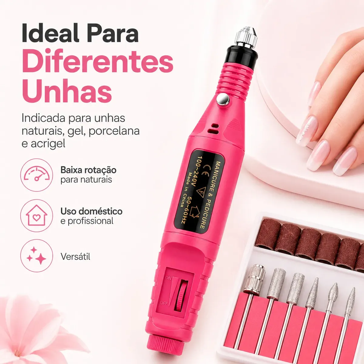 Lixadeira Elétrica Caneta Rosa Bivolt Unhas Gel e Acrigel