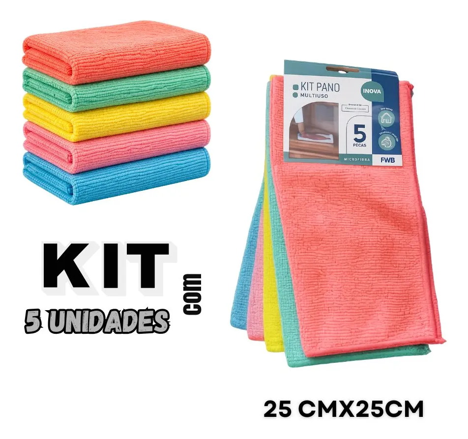 Kit 5 Panos De Limpeza Microfibra Multiuso 25 Cm X 25cm
