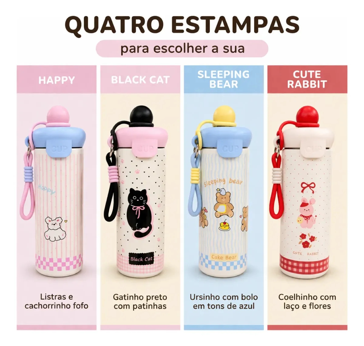 Copo Térmico 500ml Inox Com Tampa E Alça Cute Kawaii