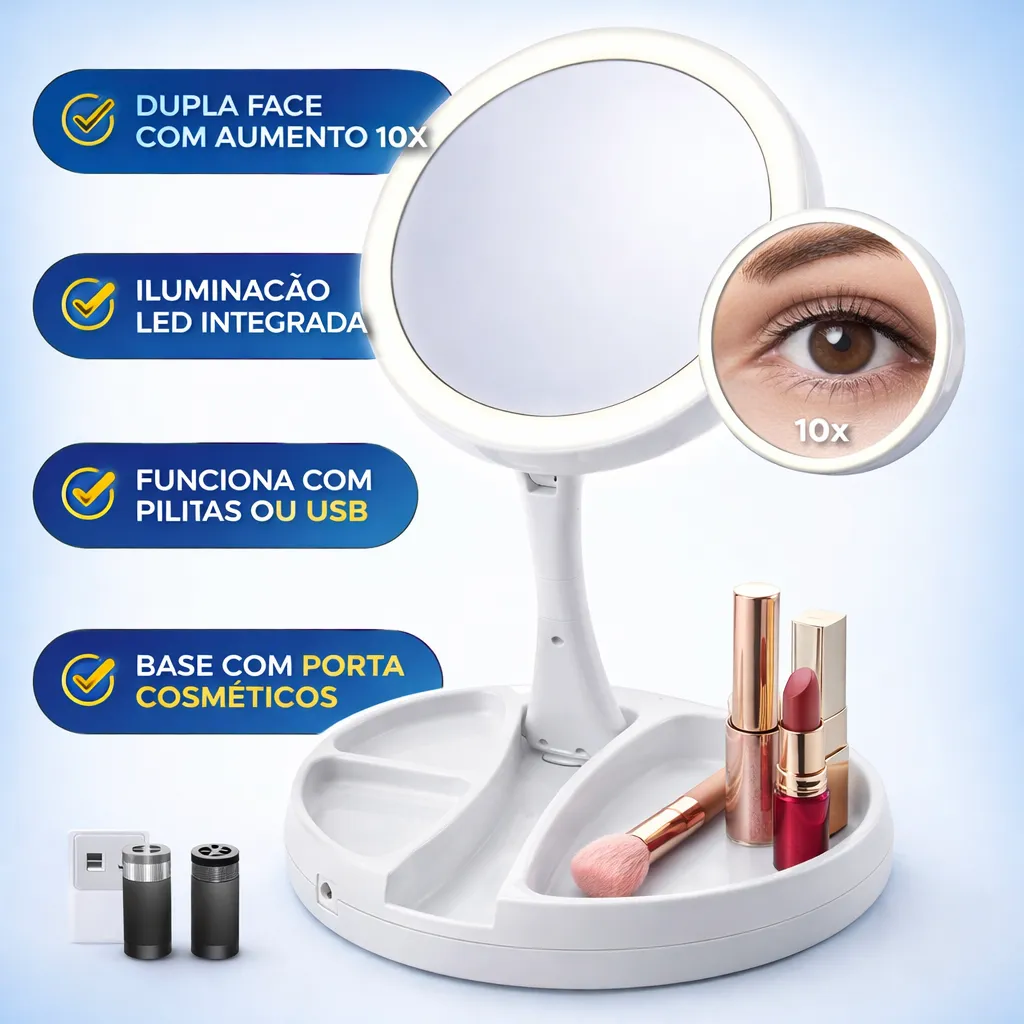 Espelho Led Maquiagem 10x Lupa Dupla Face Dobrável