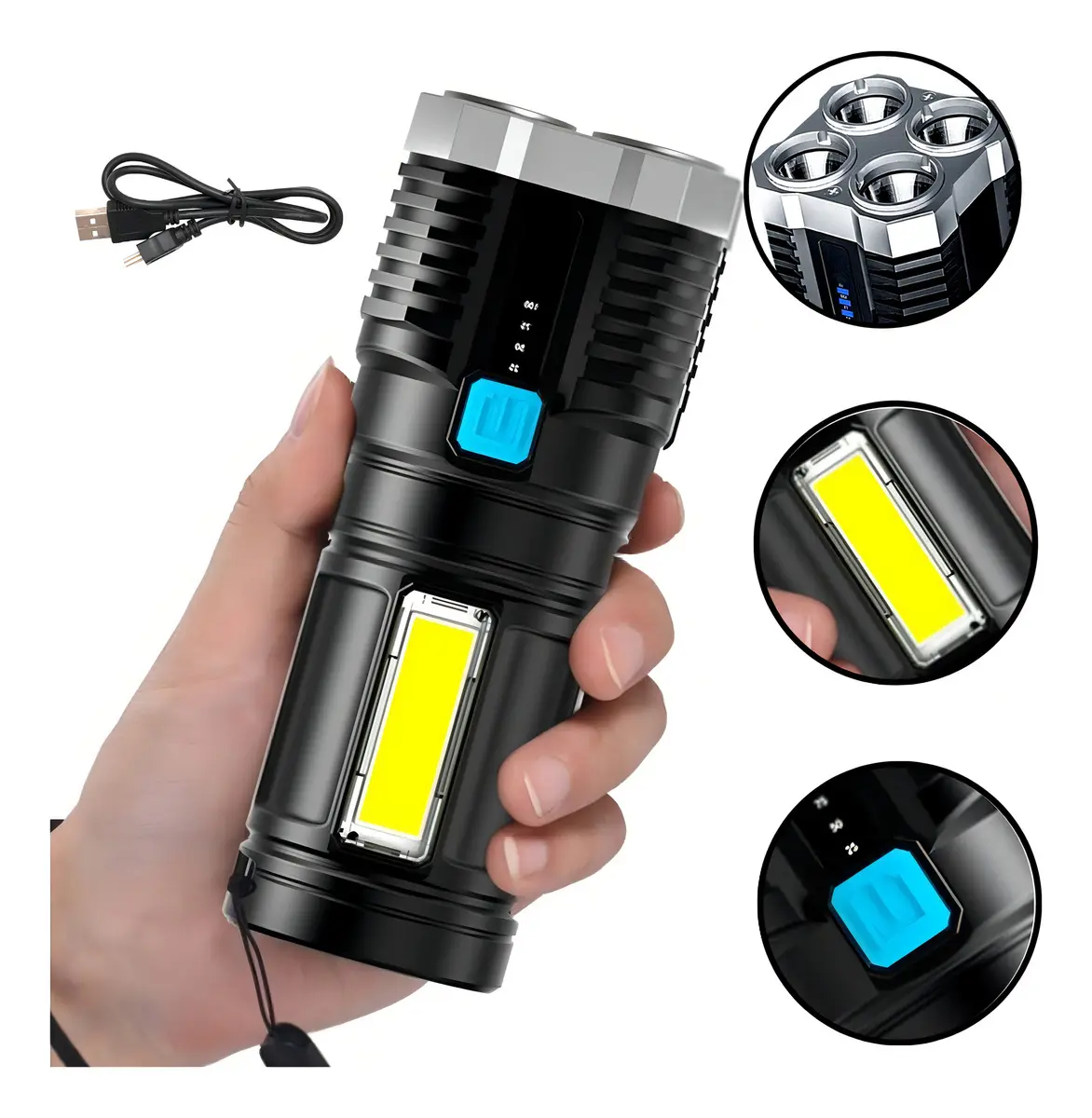 Lanterna LED Recarregável USB com Luz Lateral e Indicador de Bateria