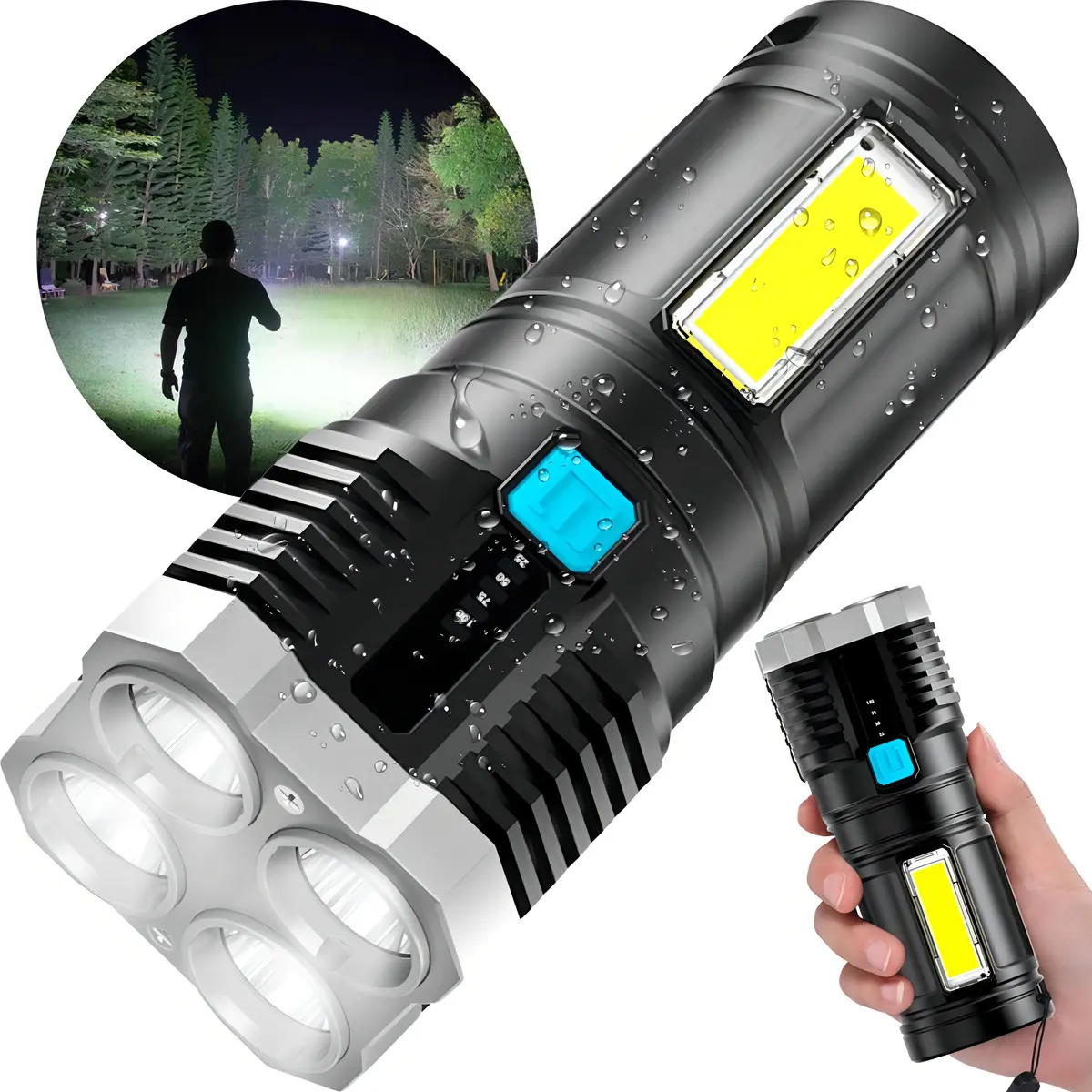 Lanterna LED Recarregável USB com Luz Lateral e Indicador de Bateria
