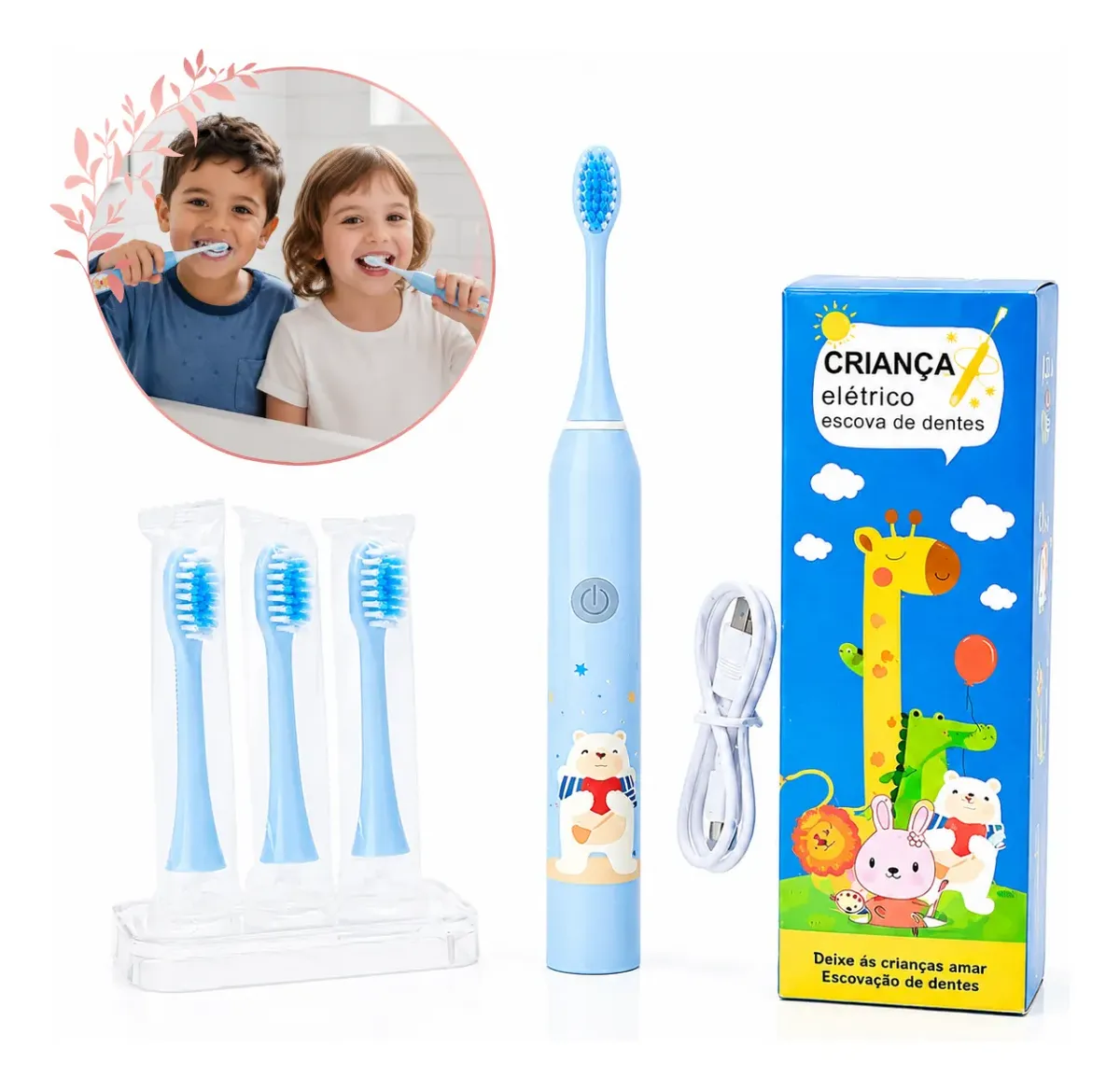 Escova de Dentes Elétrica Infantil Recarregável USB com 3 Refis