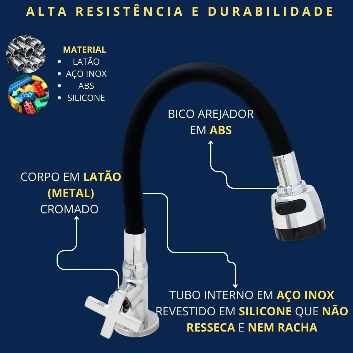 Torneira de Parede Flexível com Bica Móvel em Aço Inoxidável