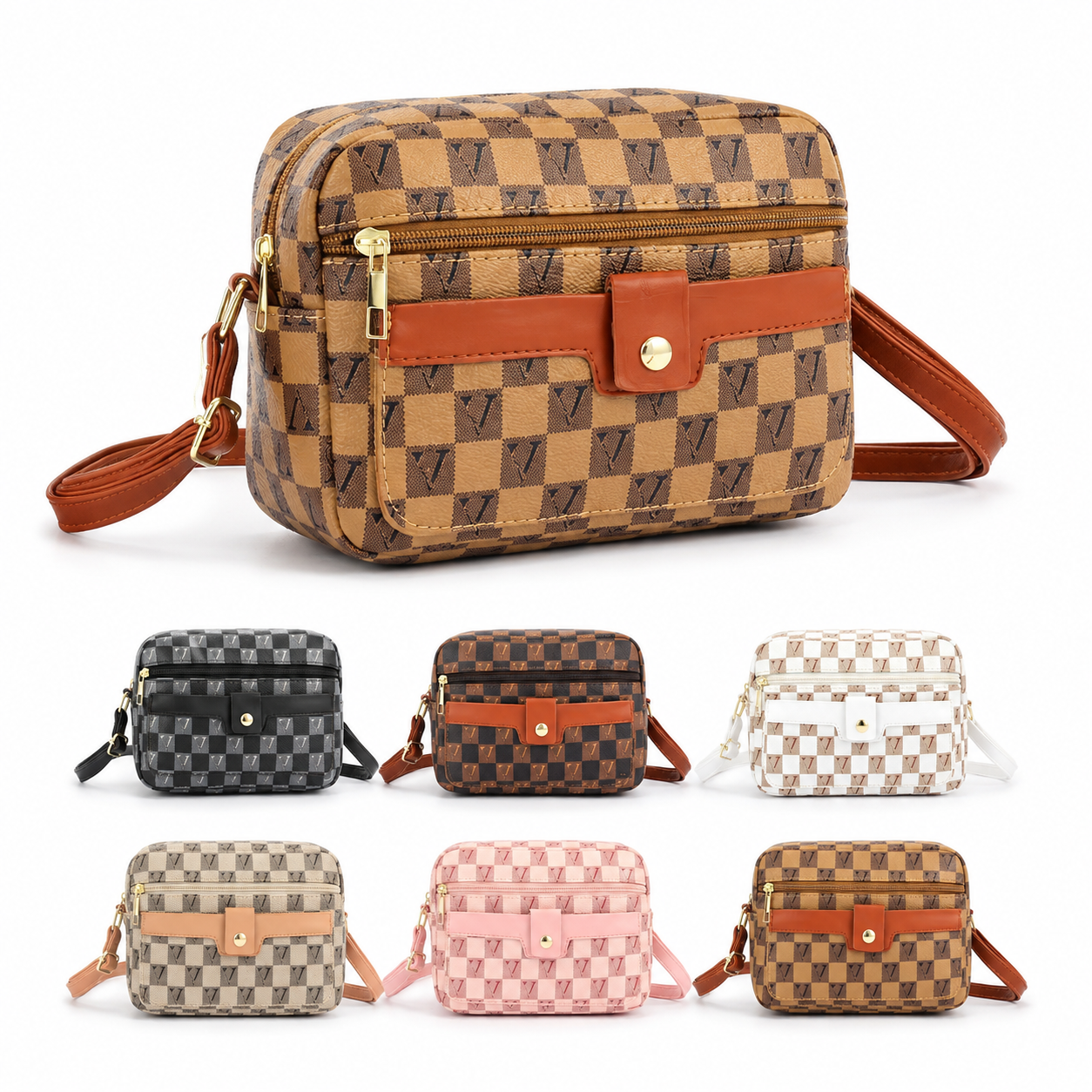 Bolsa Transversal Feminina Xadrez Fecho de Botao