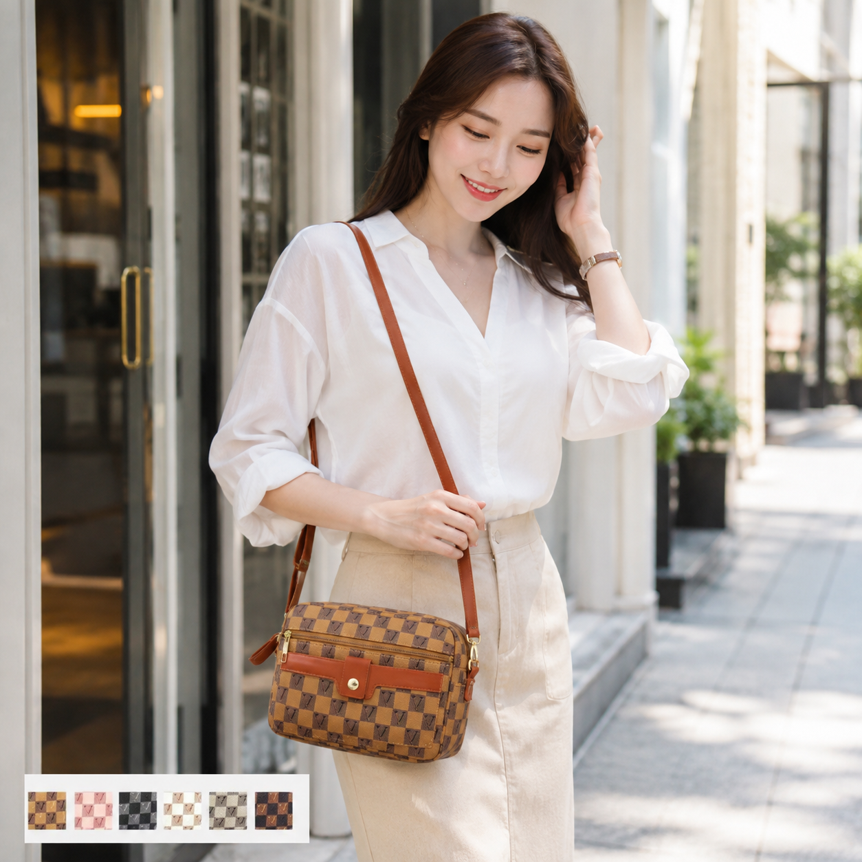 Bolsa Transversal Feminina Xadrez Fecho de Botao