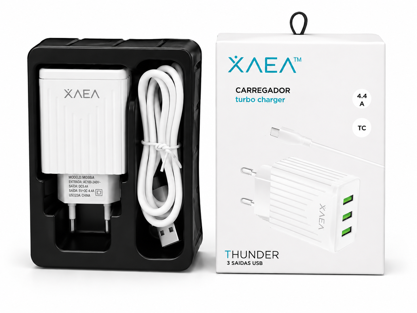 Carregador Turbo USB 3 Portas com Cabo USB-C