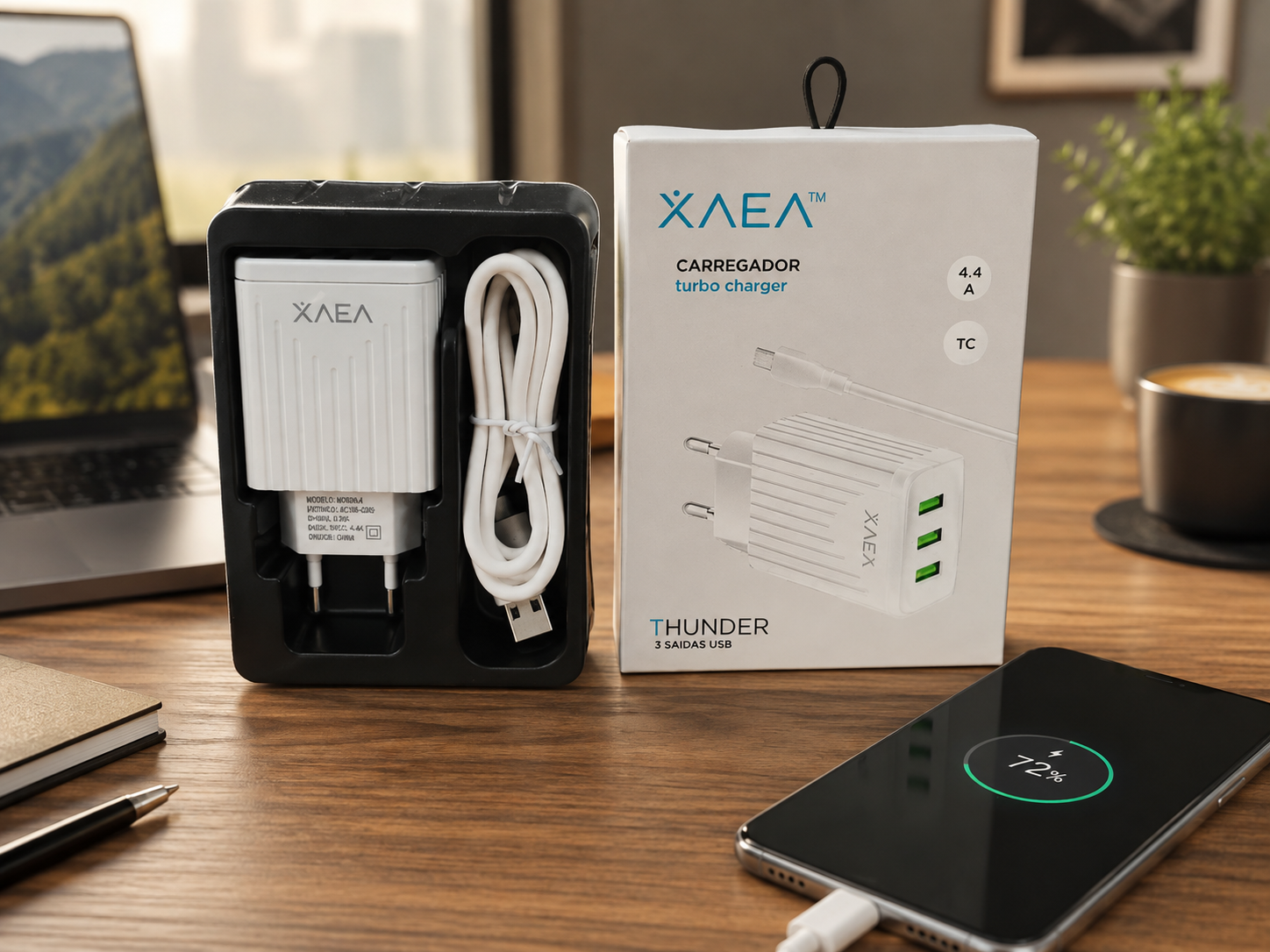 Carregador Turbo USB 3 Portas com Cabo USB-C