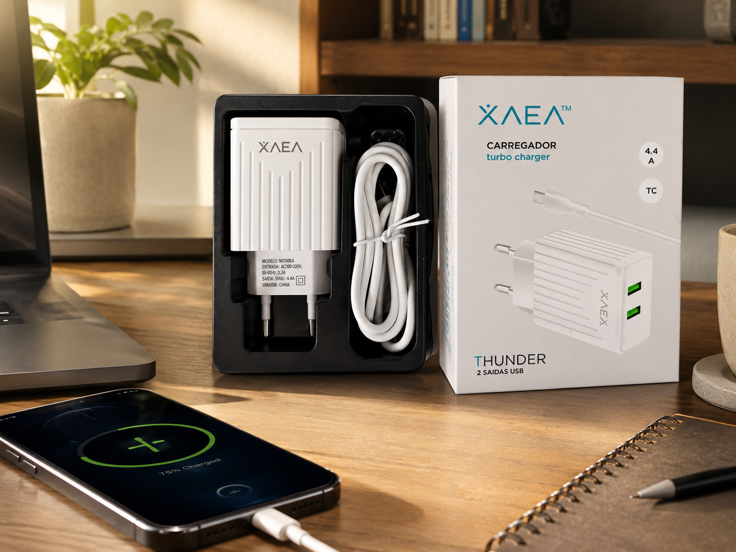 Carregador Turbo USB 2 Portas com Cabo USB-C