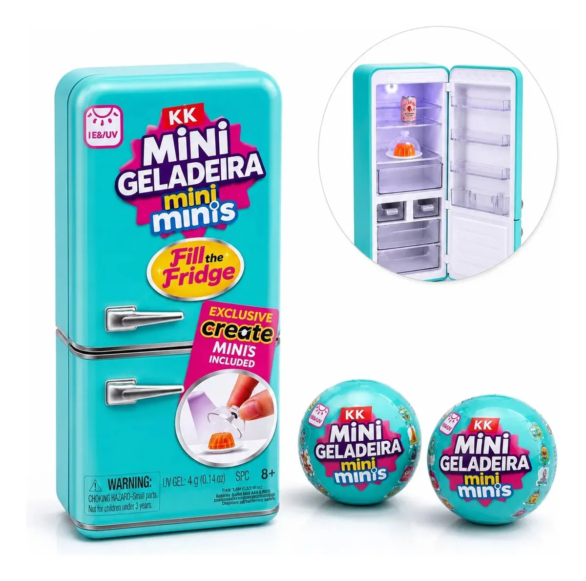 Mini Geladeira Mini Brands – Kit com 2 Bolas Surpresa + Luz UV
