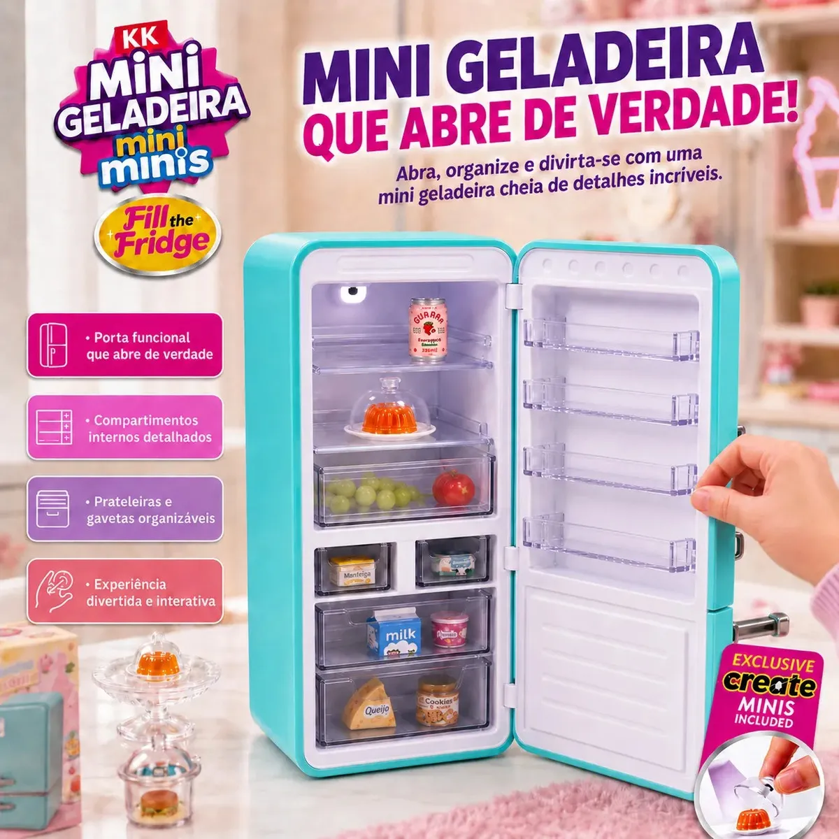 Mini Geladeira Mini Brands – Kit com 2 Bolas Surpresa + Luz UV