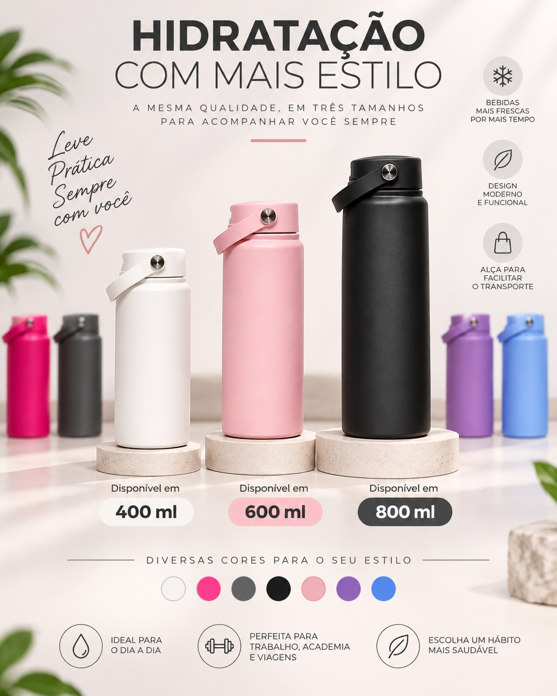 Garrafa com Canudo Retrátil – 350ml, 600ml e 800ml