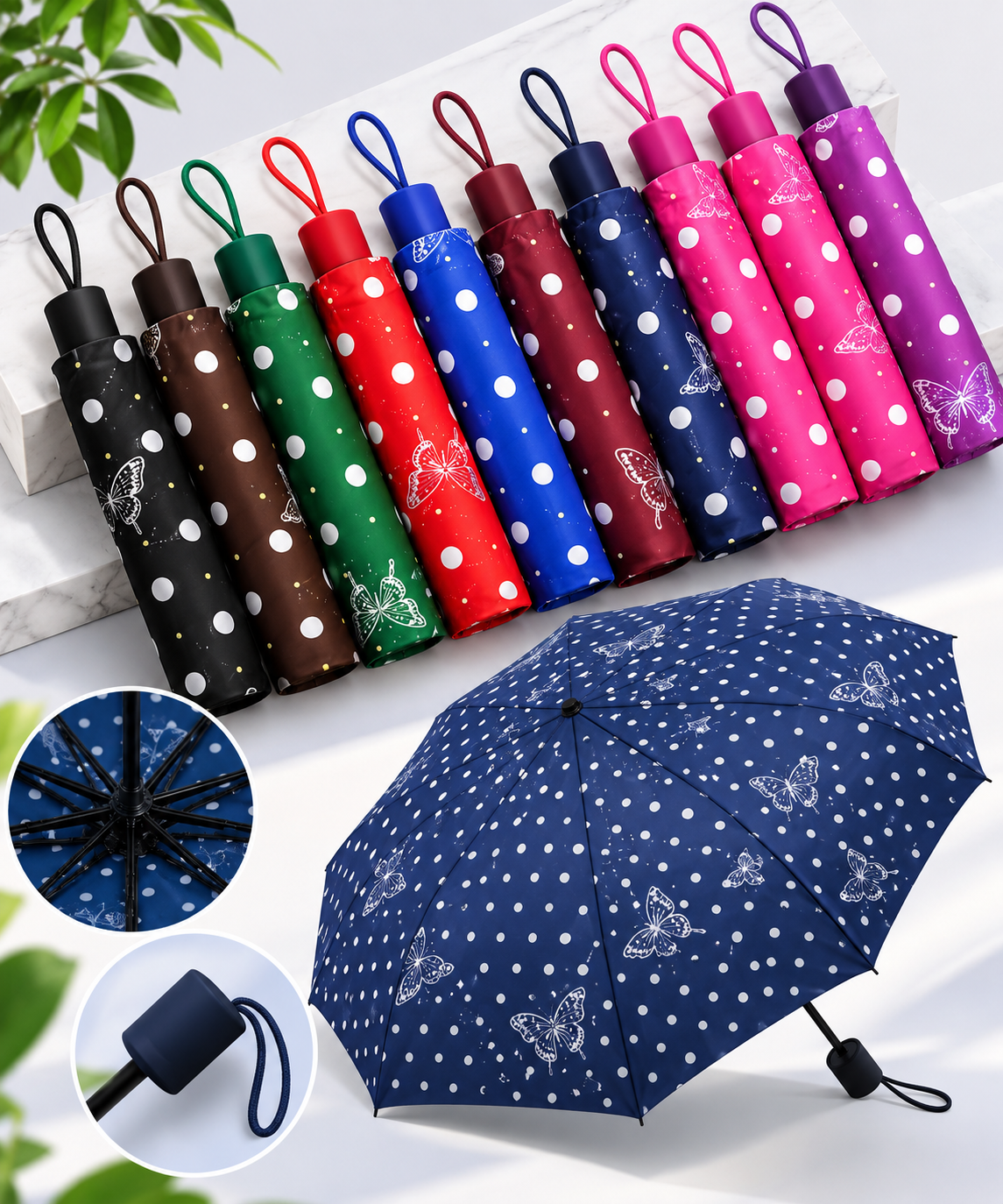 Guarda-Chuva Dobrável Estampado com Bolinhas e Borboletas