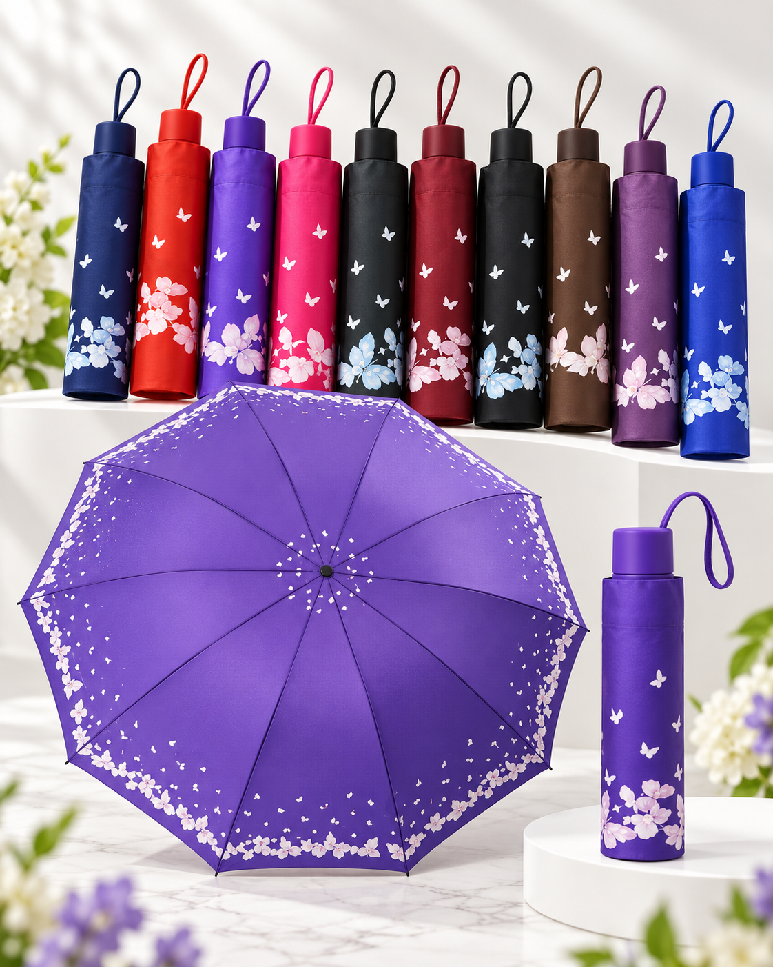 Guarda-Chuva Dobrável Estampado Floral com Borboletas